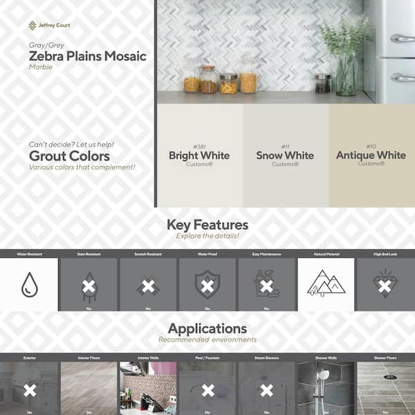 Jeffrey Court Zebra Plains Gray Herringbone 11 in. x 12.75 in. x 10 mm Polished Marble Mosaic Wall/Floor Tile