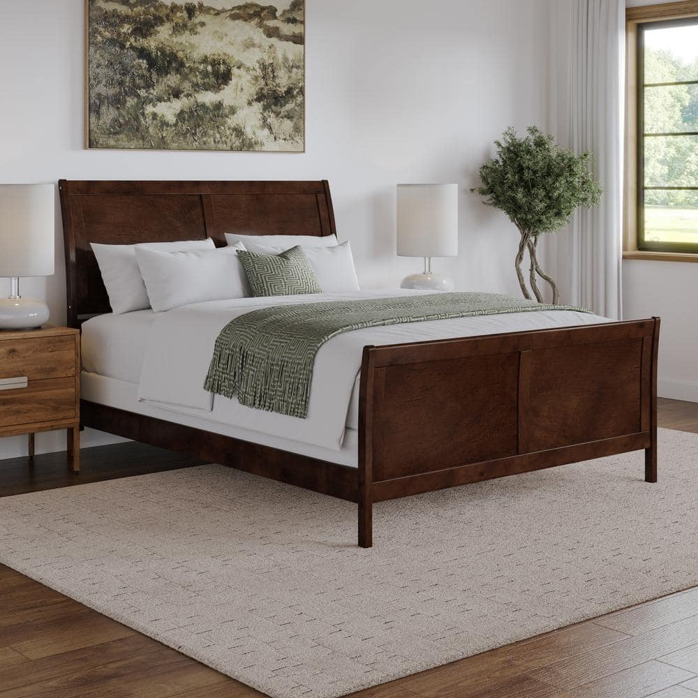 Portland Walnut Queen Wood Sleigh Bed Frame with Footboard