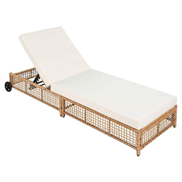 Natural Brown Wicker Outdoor Chaise Lounge with Beige Cushion, 5-Position Backrest, Wheels