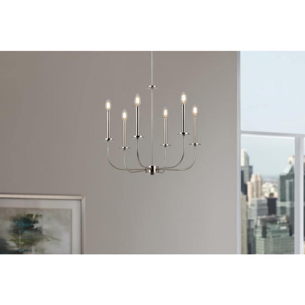 Brushed Nickel 6-Light Candle Chandelier with Adjustable Height