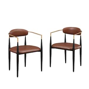 Modern Brown Faux Leather Cushion Seat Dining Chair Set of 2, Metal Frame Armchair for Kitchen, Living Room, Office