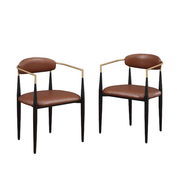 Morden Fort Modern Brown Faux Leather Cushion Seat Dining Chair Set of 2, Metal Frame Armchair for Kitchen, Living Room, Office