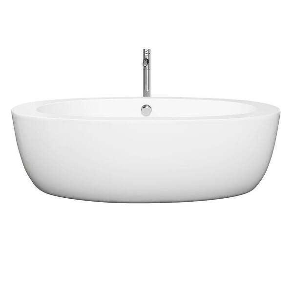 Wyndham Collection Uva 69 in. Acrylic Flatbottom Center Drain Soaking Tub in White with Floor Mounted Faucet in Brushed Nickel
