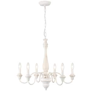 6-Light Distressed White Classic Chandelier for Dining Room Candle Light Fixture