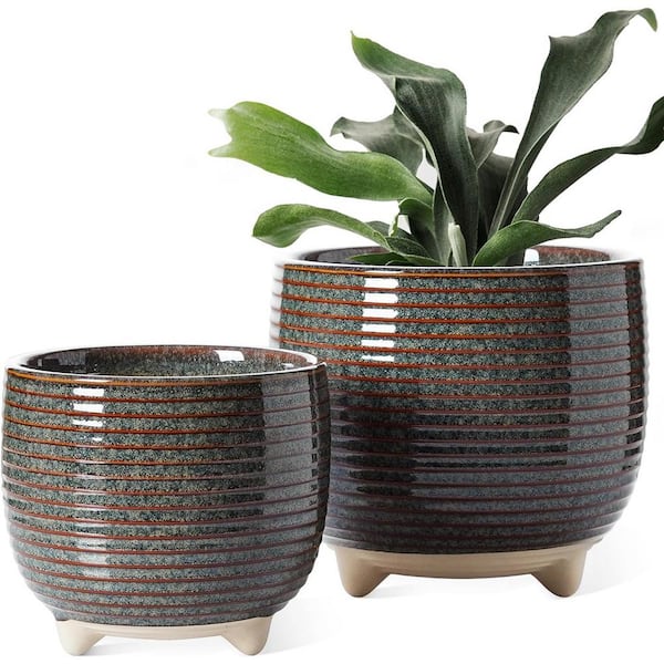 ITOPFOX Art Deco 6.49 in. L x 6.49 in. W x 5.9 in. H Reactive Glaze Black Ceramic Round Indoor Planter (2-Pack)