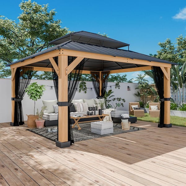 13 ft. x 11 ft. Cedar Wood Frame Gazebo with Double Galvanized Steel Roof and Mosquito Netting for Outdoor Patio