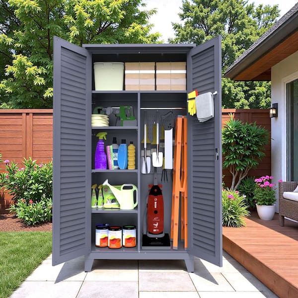 35 in. W x 17 in. D x 73 in. H Slate Metal Outdoor Storage Cabinet Tool Cabinet w/ Adjustable Shelf and Pegboard, Hooks