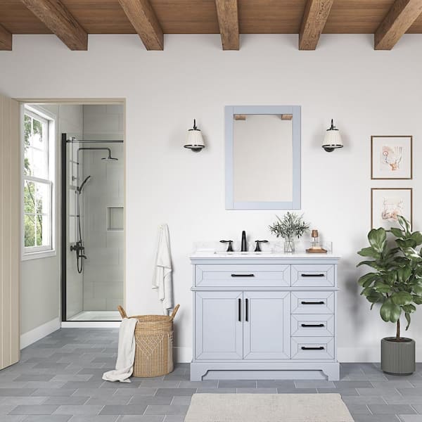 Home Decorators Collection Merryfield 37 in. W x 22 in. D x 35 in. H Single Sink Freestanding Bath Vanity in Dark Blue-Gray with Carrara Marble Top