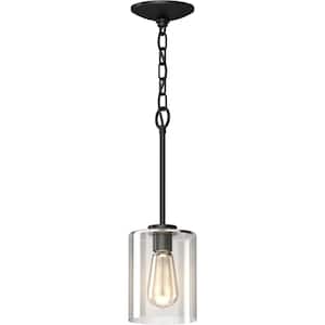 1-Light Black Indoor Shaded Mini Pendant with Clear Glass Cylindrical Shade