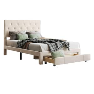 54.00 in. W Beige Frame Full Size Storage Bed Velvet Upholstered Platform Bed with a Big Drawer