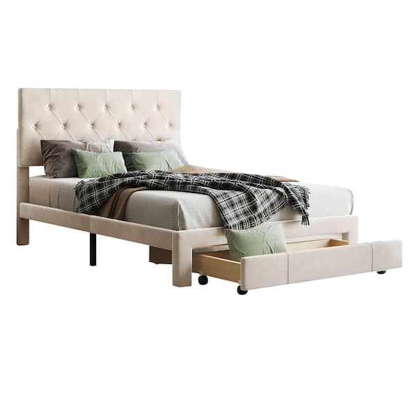 Polibi 54.00 In. W Beige Frame Full Size Storage Bed Velvet Upholstered ...