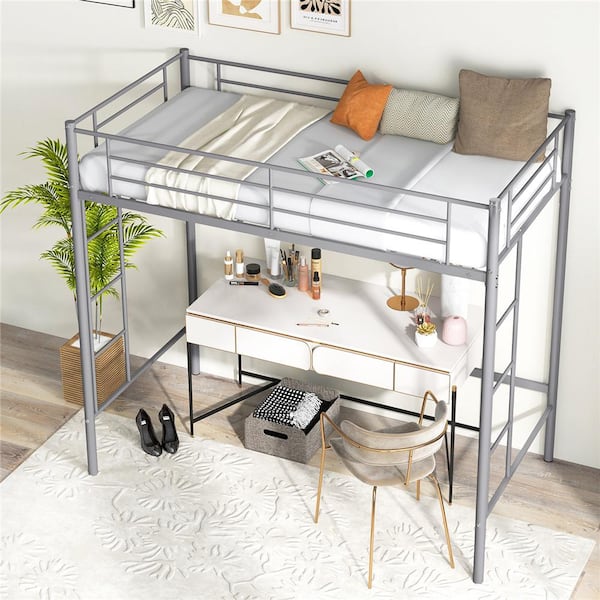 Costway Silver Twin Size Loft Bed Frame with Safety Guardrail