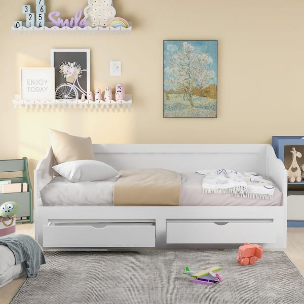 White Twin Daybed with Trundle Bed and Two Storage Drawers