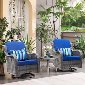 Joyoung Gray 3-Piece Wicker Outdoor Patio Conversation Set with Navy Blue Cushions and Swivel Rocking Chairs