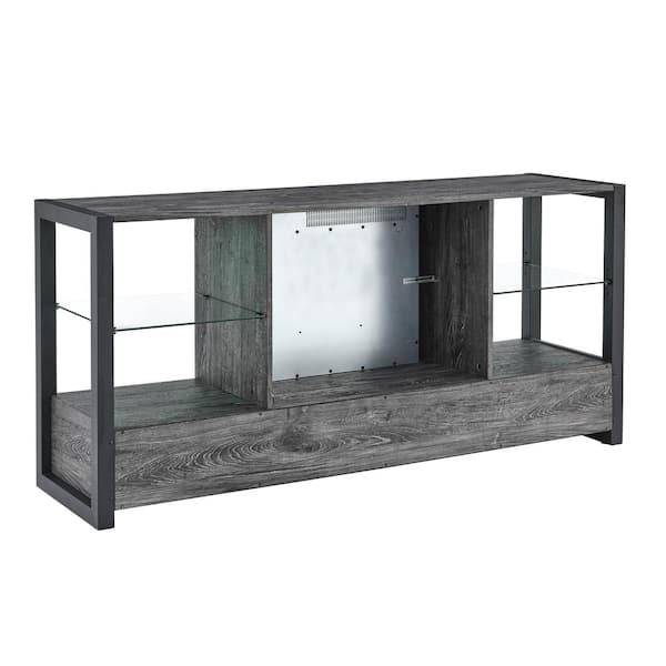 Unbranded 60 in. W x 15.75 in. D x 28 in. H Gray Linen Cabinet with TV Stand and Electric Fireplace Sync Colorful LED Lights