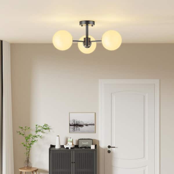 Raleigh 21 in. 3-Light Black Glass Minimalist Semi Flush Mount Lighting Hallway Bedroom Ceiling Lights Fixtures