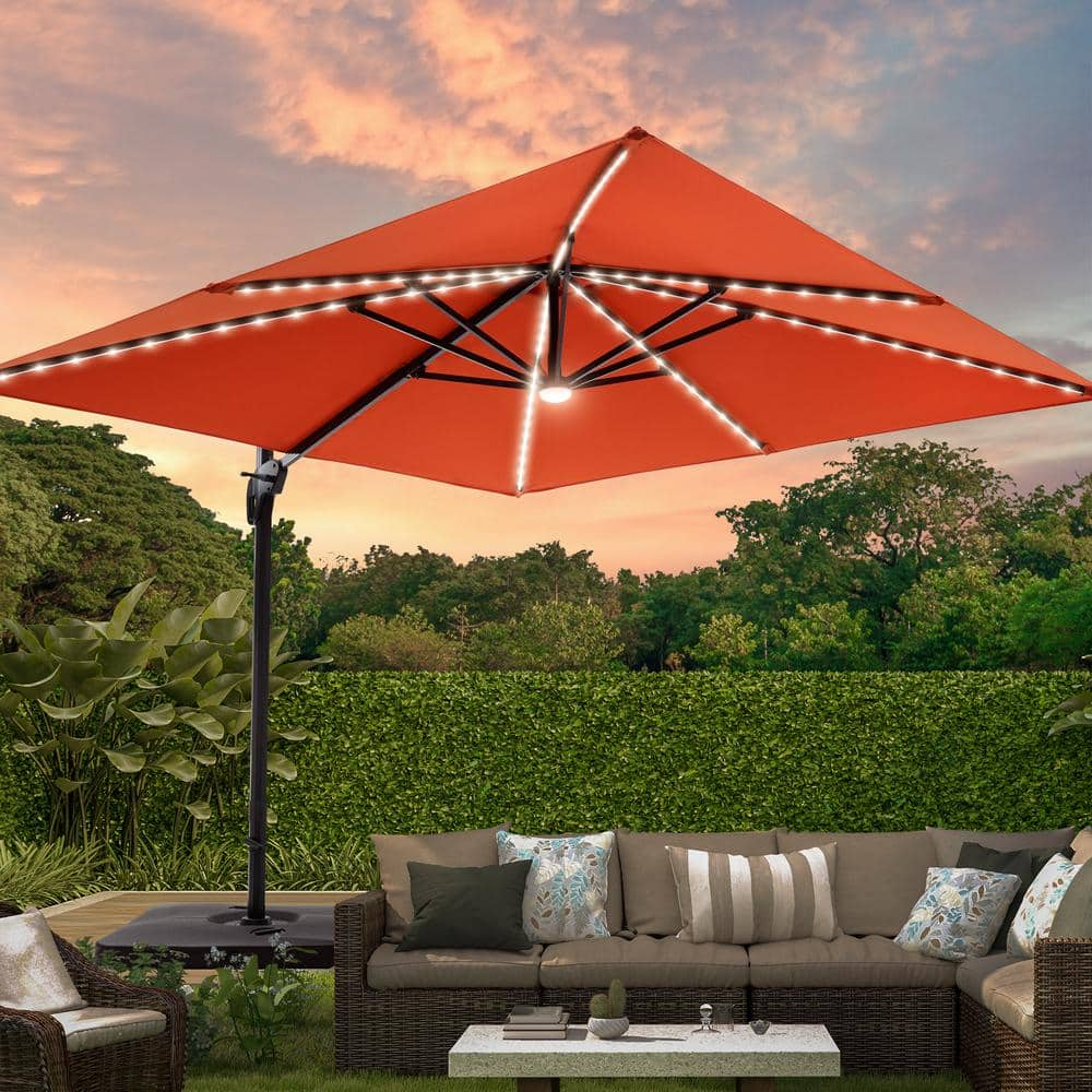 10 ft. x 10 ft. Aluminum Pole Outdoor Square Cantilever Umbrella Solar LED Patio Umbrella in Rust Red -  JOYESERY, J-LED1010-RD-B