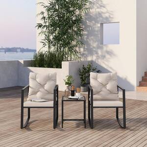 3-Piece Patio Modern Metal Outdoor Bistro Sets 2 Rocking Chairs with Beige Cushions, Tempered Glass Coffee Table