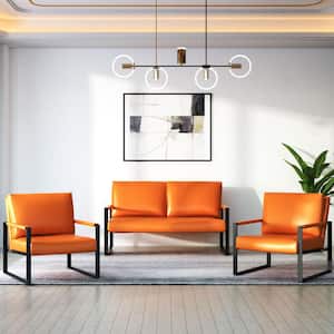 Mid-Century 3-Piece Straight Faux Leather Upholstered Top Orange Living Room Sofa Set, 1 Loveseat Sofa with 2 Armchairs