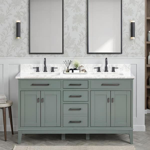 Madison 61 in. Double Sink Smoke Green Bath Vanity with Carrara White Marble Top