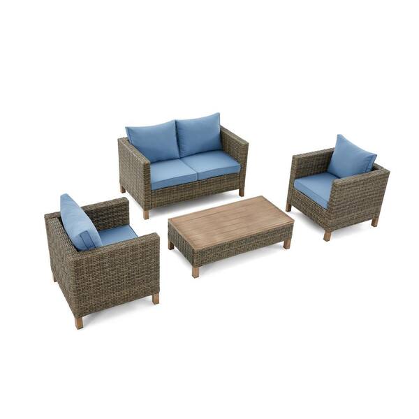 Summax 4-Piece Wicker Patio Conversation Set with Blue Cushions SMX08 ...