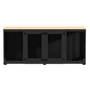 71In. Large Dog Kennel Furniture for 2 Dogs, Heavy Duty Wooden Dog Crate with Divider for Large Medium Dogs, Black