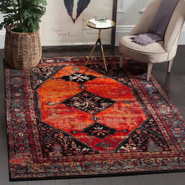 Vintage Hamadan Orange/Multi 4 ft. x 6 ft. Distressed Border Area Rug