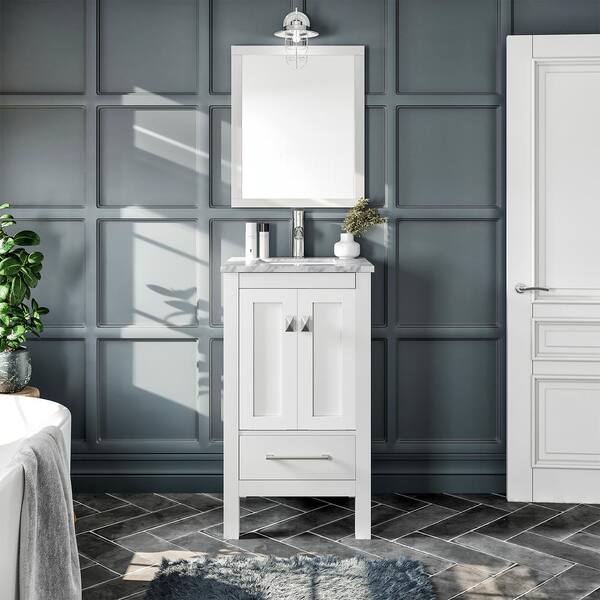 Eviva London 20 in. W x 18 in. D x 34 in. H Bathroom Vanity in White with White Carrara Marble Top with White Sink