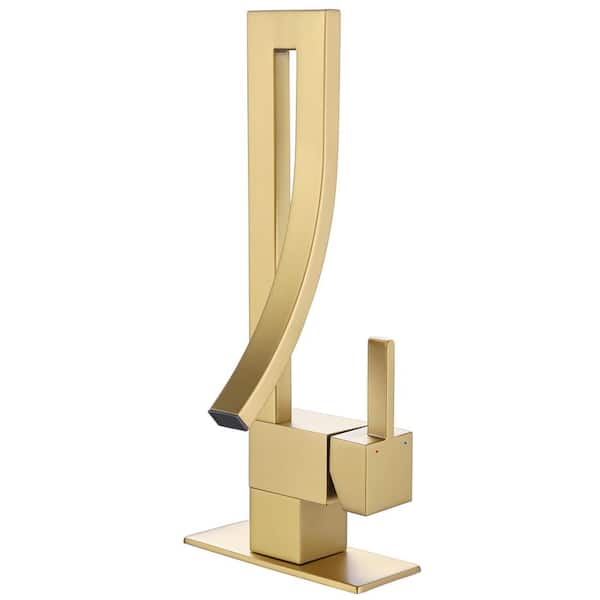 Single Handle Single Hole Bathroom Faucet Brass Waterfall Bathroom Sink Faucet in Brushed Gold