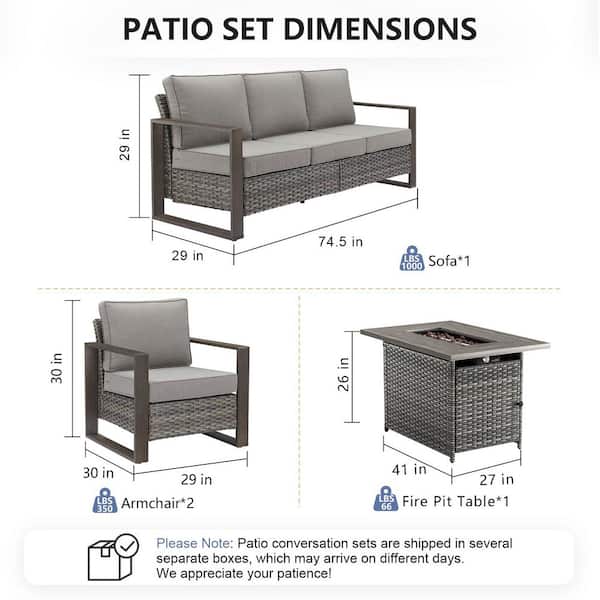 Cube Edge 4-Piece Gray Wicker Fire Pit Conversation Set with Olefin Gray Cushions and Couch/ Patio Lounge Chairs