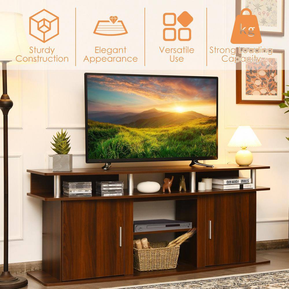 Walnut 63 Inch TV Stand with Cabinets and Fireplace Option
