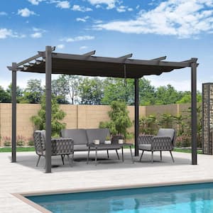 11 ft. x 13 ft. Gray Outdoor Retractable Against The Wall with Shade Canopy Modern Yard Metal Grape Trellis Pergola