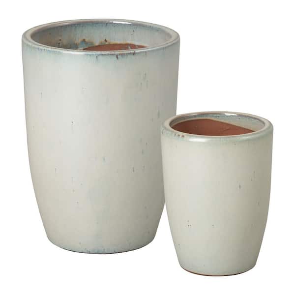 10.5in., 15in. H White Ceramic Round Planters High-fire treatment with Drainage Hole (Set of 2)