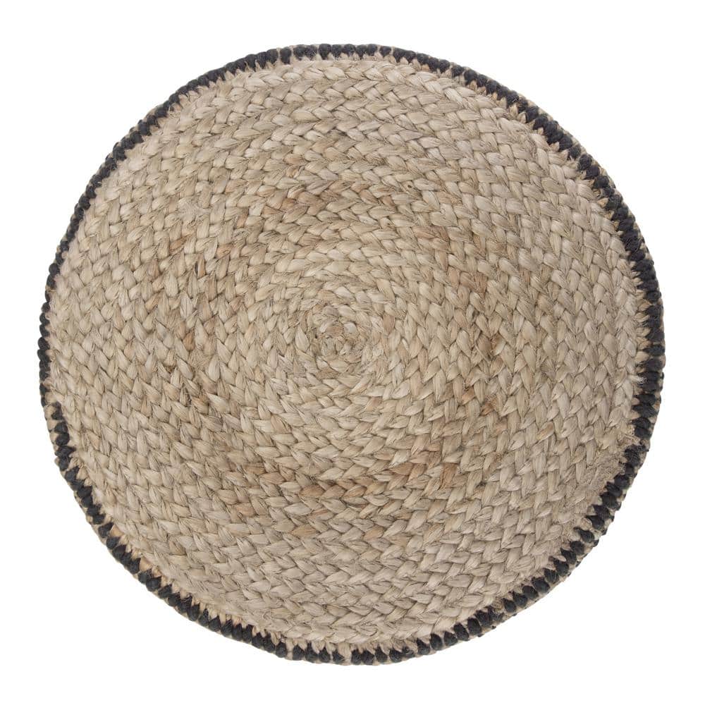 Natural and Black Round Braided Jute Pouf