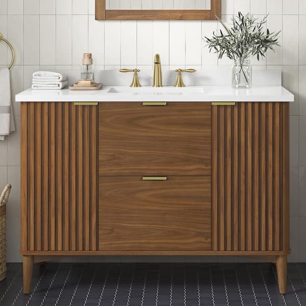 OVE Decors Gabi 48 in. W x 22 in. D x 35 in. H Single Sink Bath Vanity in Warm Walnut with White Engineered Marble Top