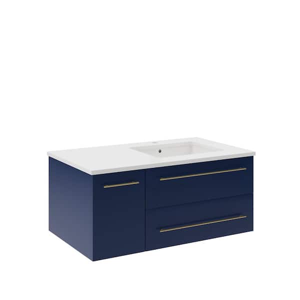 Fresca Lucera 36 in. Single Sink Wall Mount Royal Blue Bath Vanity with White Quartz Top and Undermount Sink - Right Version