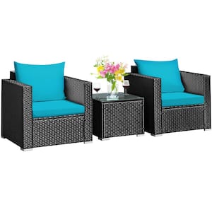 3-Piece Wicker Patio Conversation Set with 2 Turquoise Cushioned Sofas and Coffee Table for Outdoor