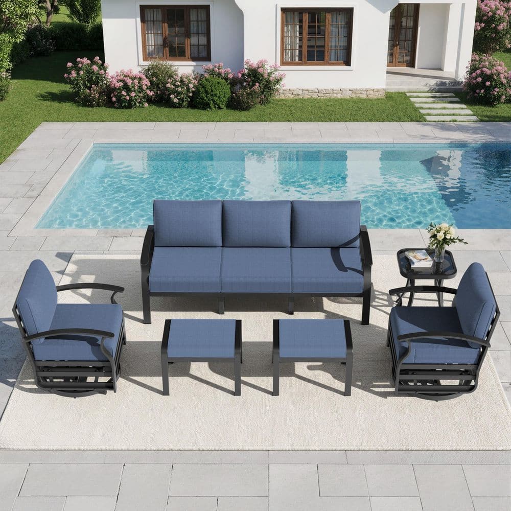 6-Piece Outdoor Aluminum Conversation Set with 360° Swivel Rocking Chairs, 2 Multi-Function Ottomans and Navy Cushions price history on PriceWatchPro