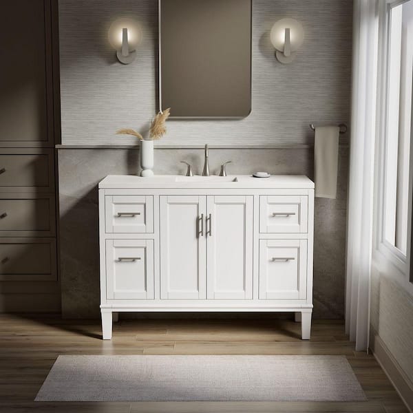 Chesil 48in. Single Sink Freestanding White Bath Vanity with Bianco Bella Quartz Top Assembled