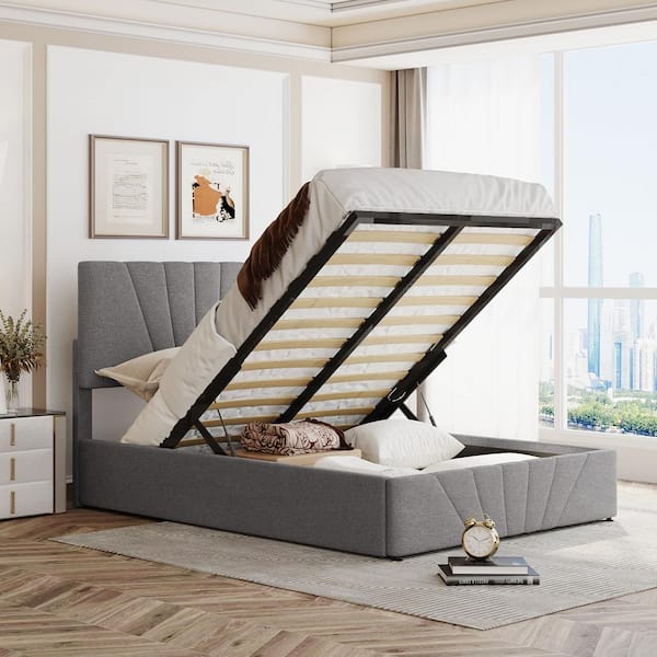 Harper & Bright Designs 58.8 in. W Gray Linen Wood Frame Full Size Platform Bed