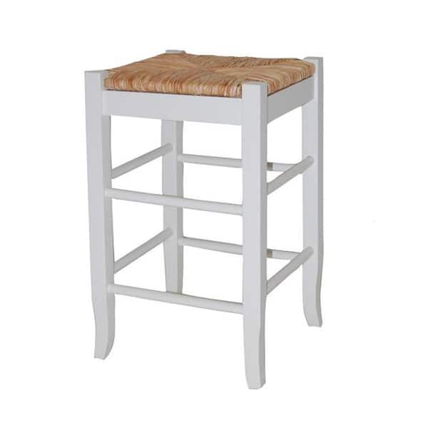 Benjara 24 in. H Cream and Brown Square Wooden Frame Counter Stool with Hand Woven Rush