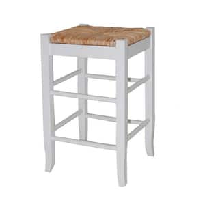 24 in. H White and Brown Square Wooden Frame Counter Stool with Hand Woven Rush