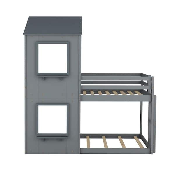 Polibi Gray Playhouse Style Twin Over Twin Wood Bunk Bed with Roof, Window, Guardrail, Ladder