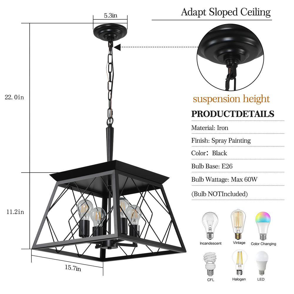 Black Metal Square Lantern Pendant Chandelier with Adjustable Chain