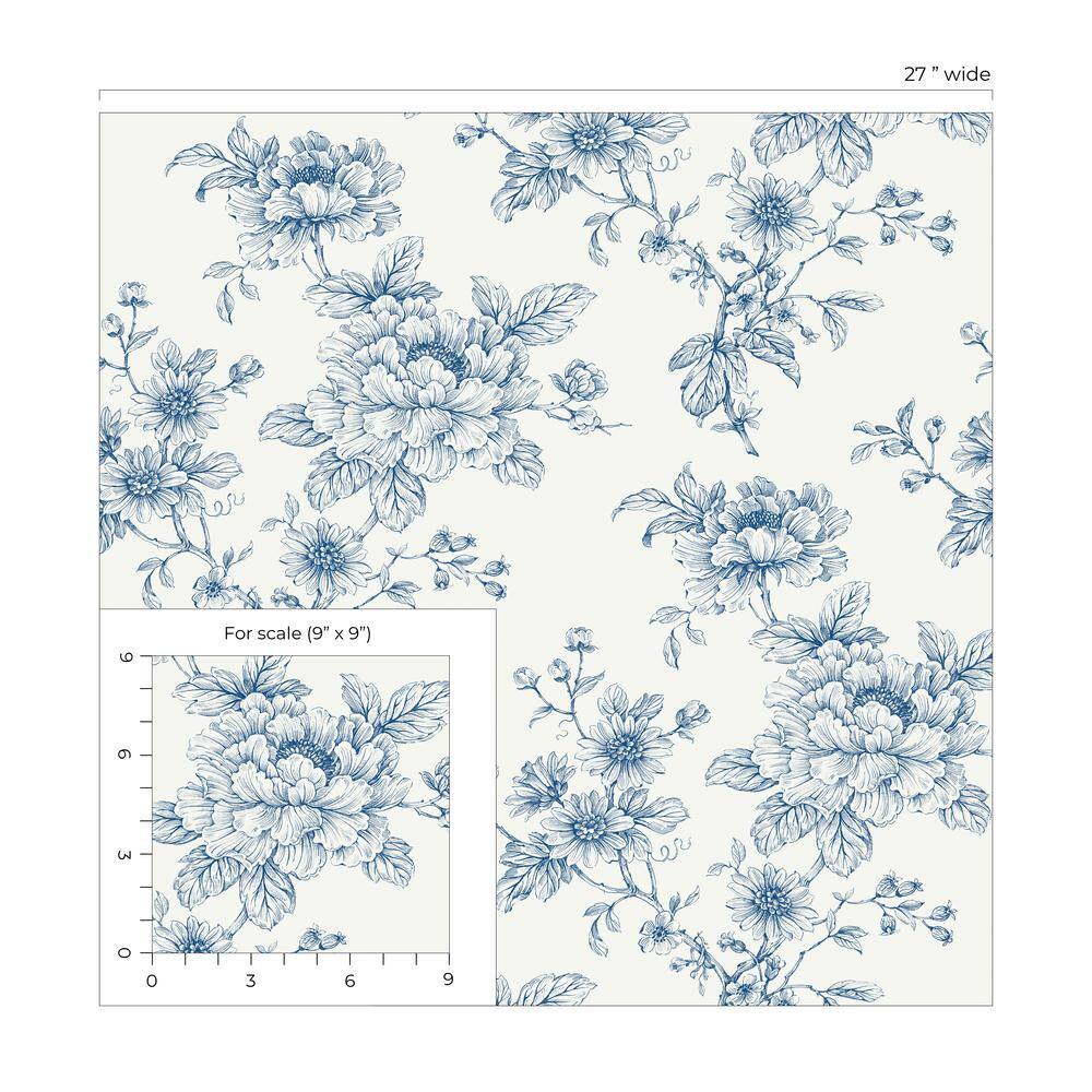 Blue Floral Vinyl Self-Adhesive Peel and Stick Wallpaper Roll
