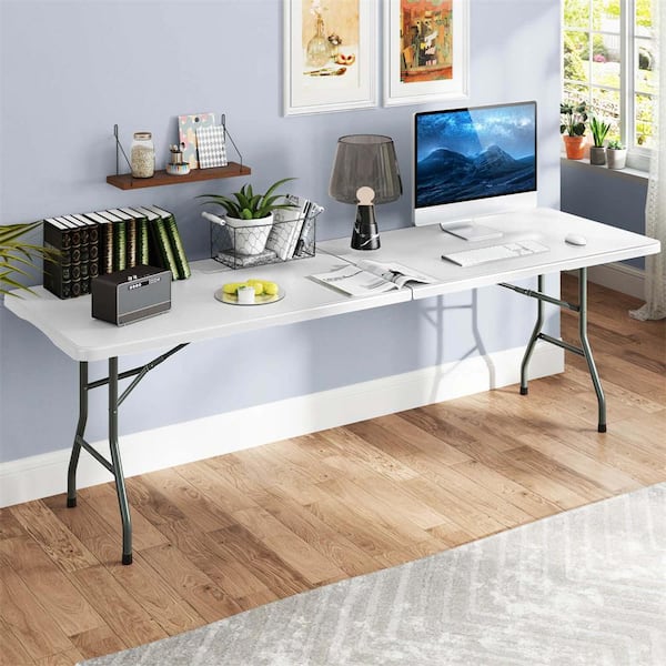 96 in. White Rectangle Metal Portable Folding Table with HDPE Tabletop Safe Lock Mechanism Carrying Handle