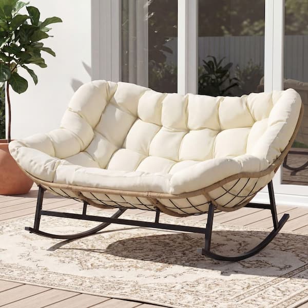 Oversized PE Wicker Double Outdoor Rocking Chair 2-Person 700 lbs