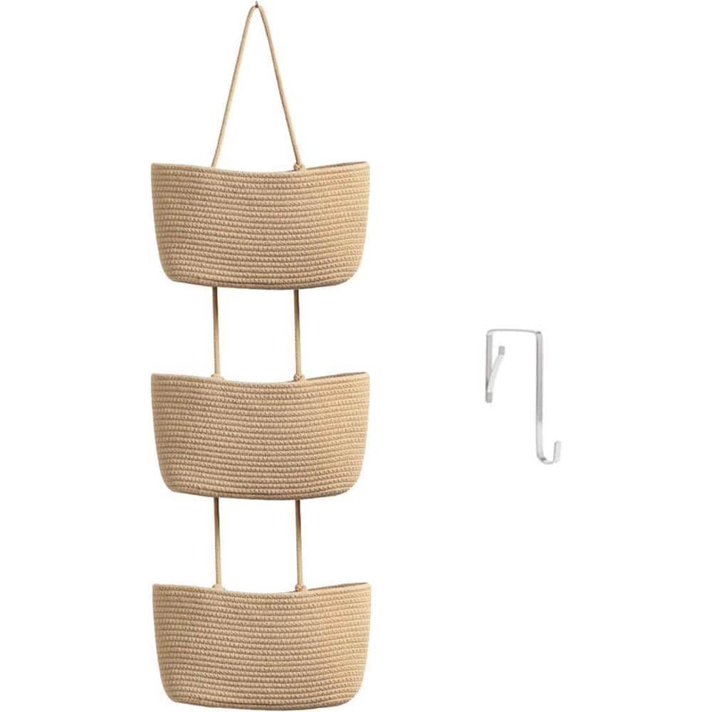 3-Layer Jute Woven Cotton Wall Mounted Storage Bag Decorative Hanging Baske