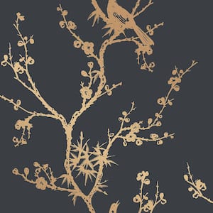 Cynthia Rowley Bird Watching Black and Gold Peel and Stick Wallpaper Sample