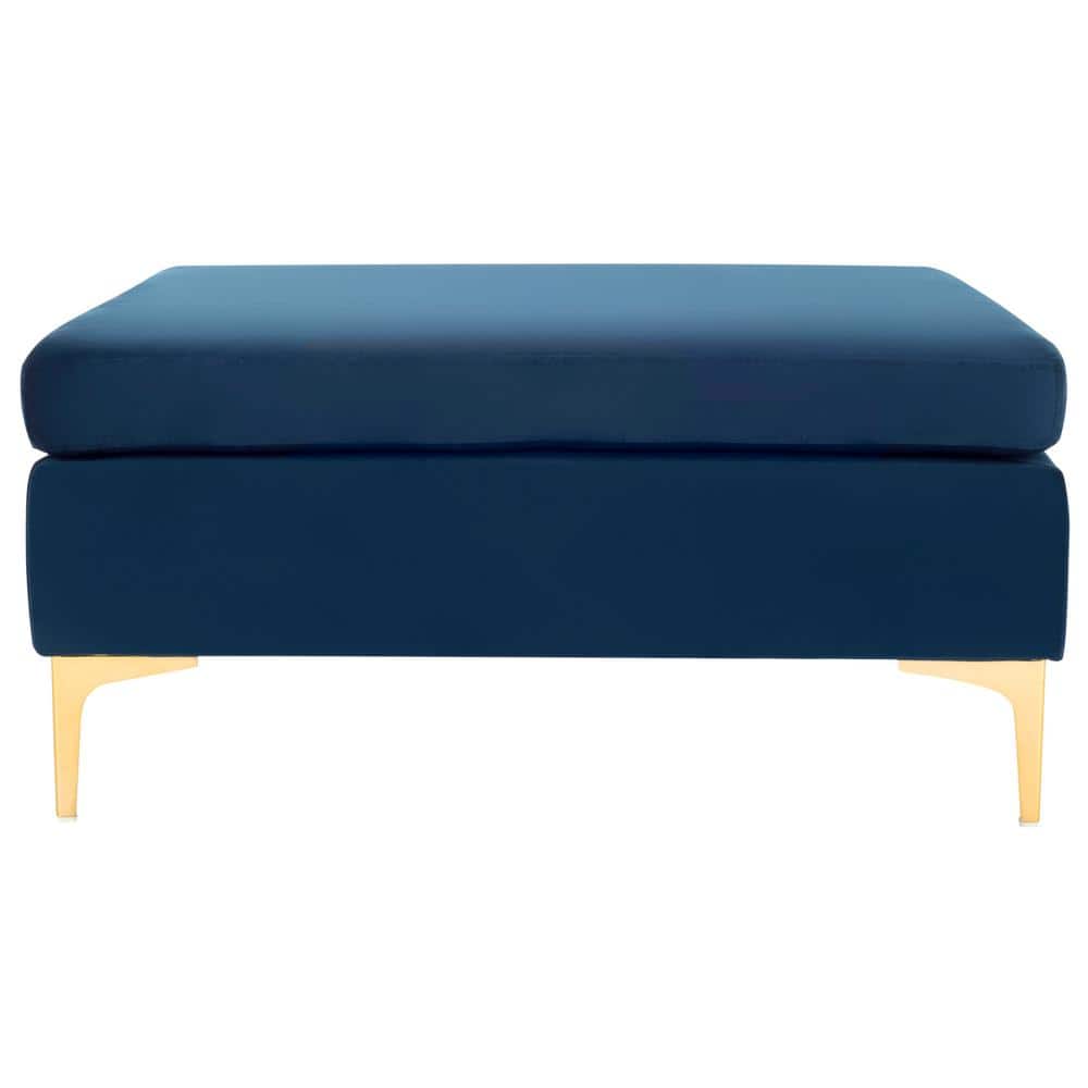 Giovanna Navy Velvet 36" Square Ottoman with Brass Metal Legs